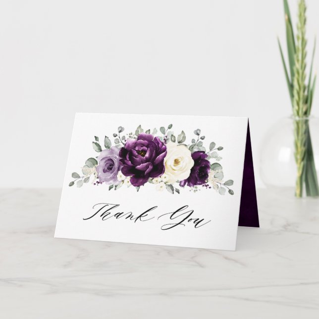 Tarjeta De Agradecimiento Boda floral de berenjena púrpura ciruela marfil bl (Anverso)