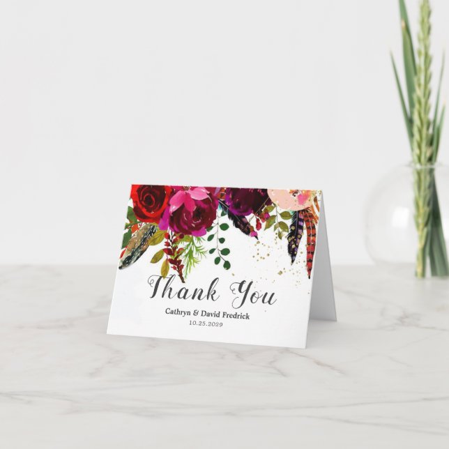 Tarjeta De Agradecimiento Boda floral de Boho Burgundy (Anverso)