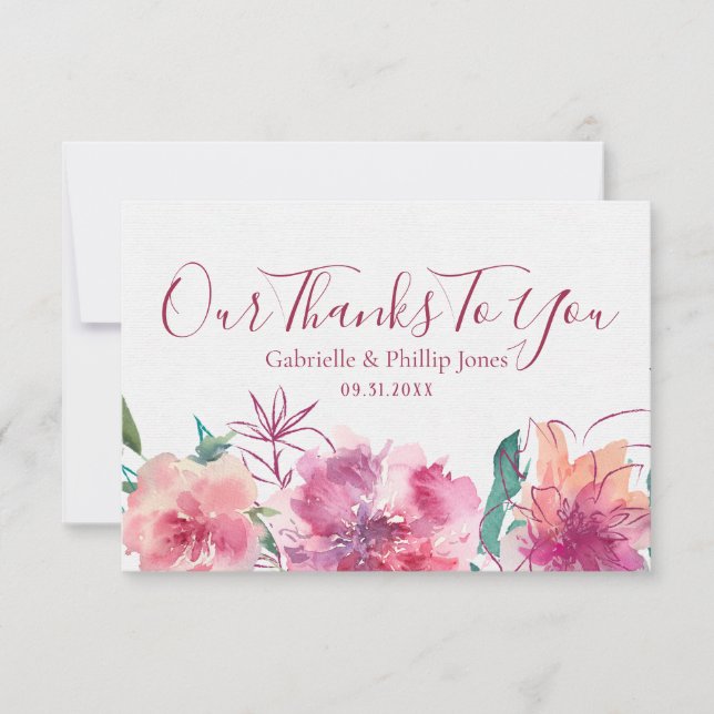 Tarjeta De Agradecimiento Boda floral de Bride y Groom (Anverso)