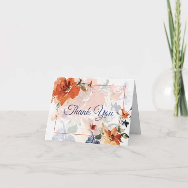 Tarjeta De Agradecimiento boda floral de cascada azul y naranja (Anverso)