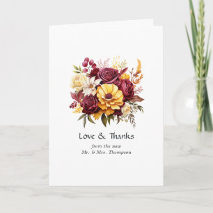 Tarjeta De Agradecimiento Boda floral de color burdeos y amarillo