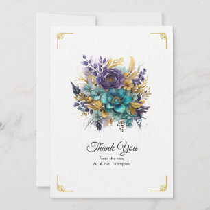 Tarjeta De Agradecimiento Boda floral de color turquesa, púrpura y dorado