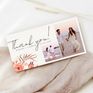 Tarjeta De Agradecimiento Boda floral de coral moderno con dos fotos