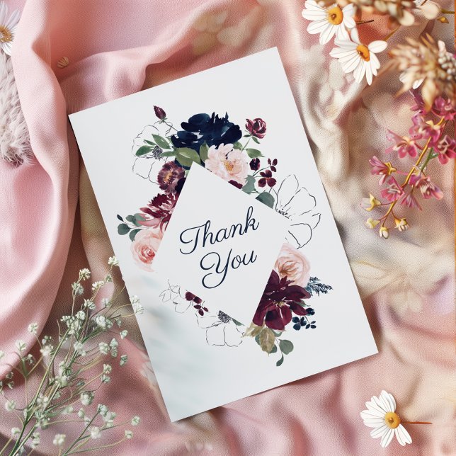 Tarjeta De Agradecimiento Boda floral de embriones | Azul de la Marina de Bo (Subido por el creador)