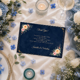 Tarjeta De Agradecimiento Boda floral de esquina en elegante azul marino