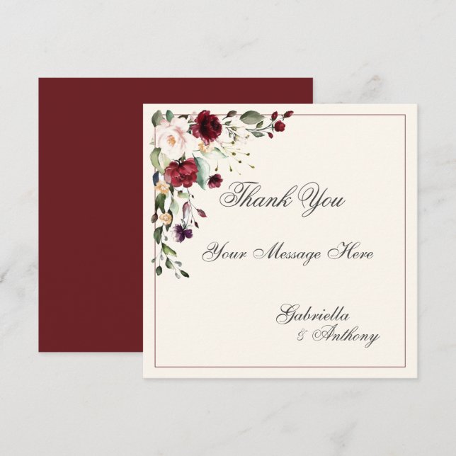 Tarjeta De Agradecimiento Boda Floral de Eucalyptus de Borgoña (Anverso / Reverso)
