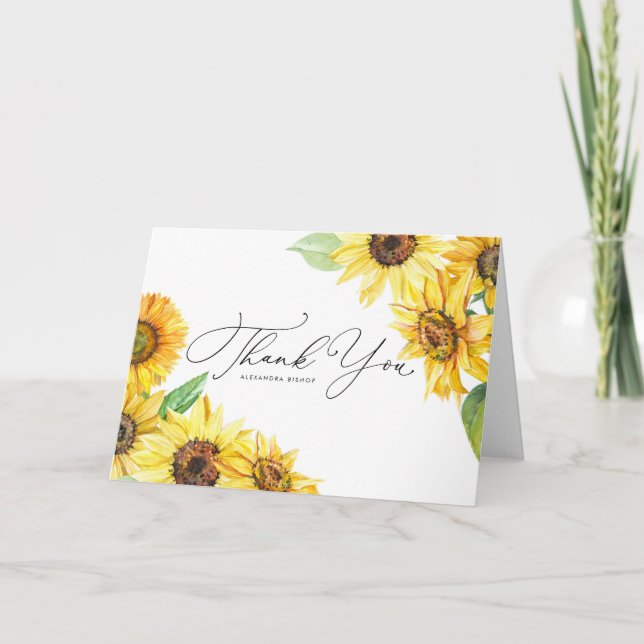 Tarjeta De Agradecimiento Boda floral de girasoles en acuarela rústica (Anverso)