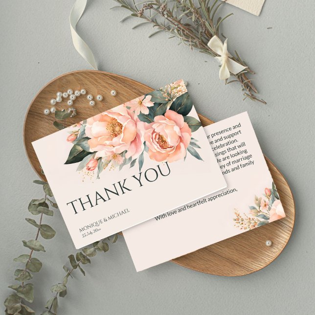 Tarjeta De Agradecimiento Boda floral de hierba verde boho (Boho peach peonies flowers earthy floral wedding thank you cards simple modern thank yous)