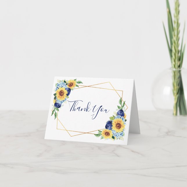 Tarjeta De Agradecimiento Boda floral de la marina azul con polvo geométrico (Anverso)