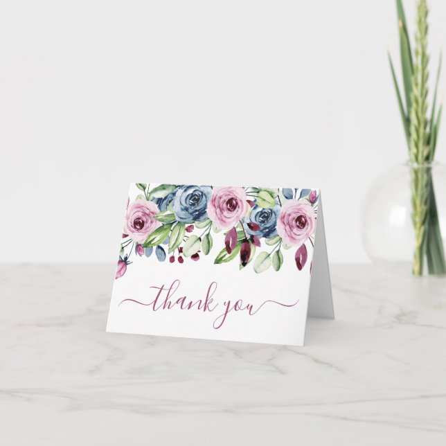 Tarjeta De Agradecimiento Boda floral de la Marina Azul de Borgoña (Anverso)