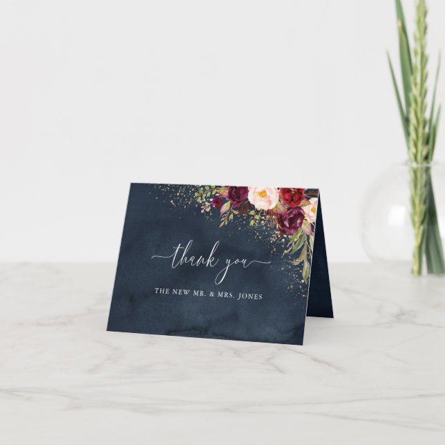 Tarjeta De Agradecimiento Boda floral de la Marina Borgoña de Oro (Anverso)