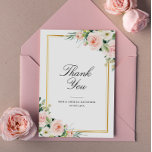 Tarjeta De Agradecimiento boda floral de marco elegante<br><div class="desc">Una encantadora tarjeta de agradecimiento boda con texto negro y acuarela color rosa azul floral. Añade un mensaje personal de agradecimiento al dorso.</div>
