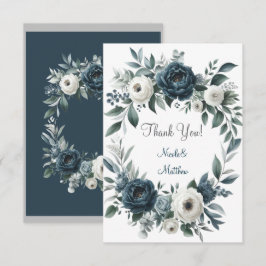 Tarjeta De Agradecimiento Boda floral de marfil azul y plata de la marina