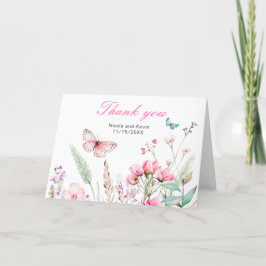 Tarjeta De Agradecimiento Boda floral de mariposa rosa de primavera
