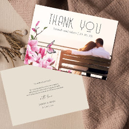 Tarjeta De Agradecimiento Boda floral de mariposa rosa moderna foto