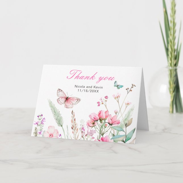 Tarjeta De Agradecimiento Boda floral de mariposa rosada de primavera (Anverso)