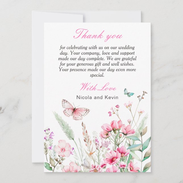 Tarjeta De Agradecimiento Boda floral de mariposa rosada de primavera (Anverso)