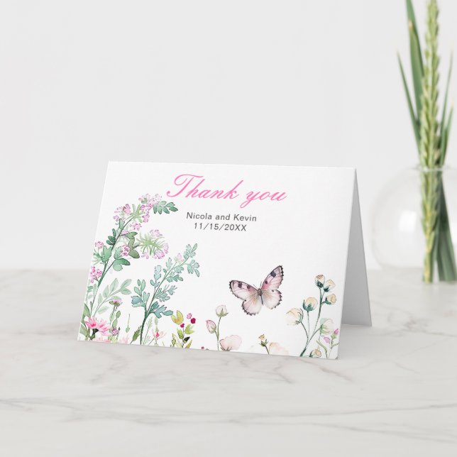 Tarjeta De Agradecimiento Boda floral de mariposa verde primavera (Anverso)
