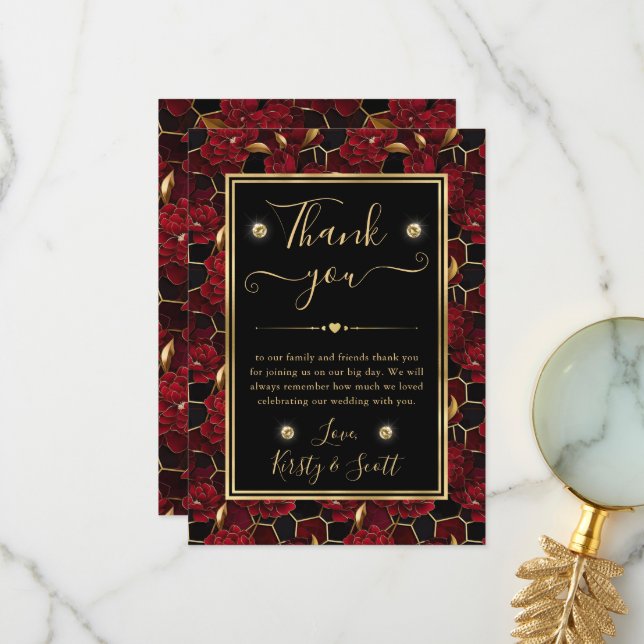 Tarjeta De Agradecimiento Boda Floral de Mármol Rojo Negro y Oro (Anverso/Reverso In Situ)