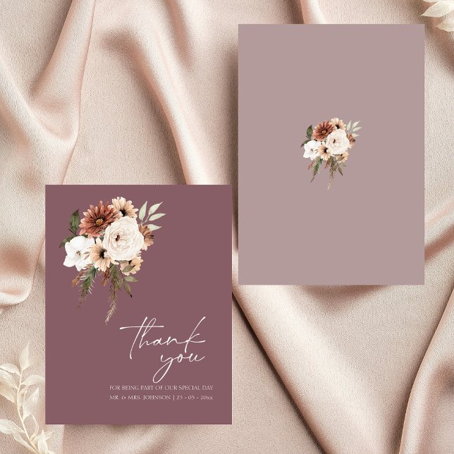 Tarjeta De Agradecimiento Boda Floral de Morado Rústico y Melocotón (Rustic Purple and Peach Floral Wedding Thank You Card)