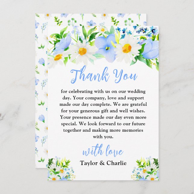 Tarjeta De Agradecimiento Boda floral de nomeolvides y margaritas (Anverso / Reverso)