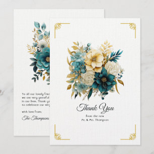Tarjeta De Agradecimiento Boda floral de oro y turquesa