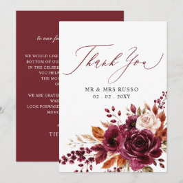 Tarjeta De Agradecimiento Boda floral de otoño burgundy elegante con letra