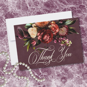 Tarjeta De Agradecimiento Boda Floral de Otoño Burgundy Oscuro y Elegante