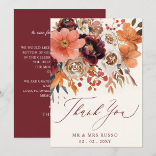 Tarjeta De Agradecimiento Boda floral de otoño en naranja Borgoña