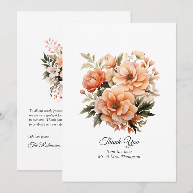 Tarjeta De Agradecimiento Boda floral de Peach Fuzz (Anverso / Reverso)