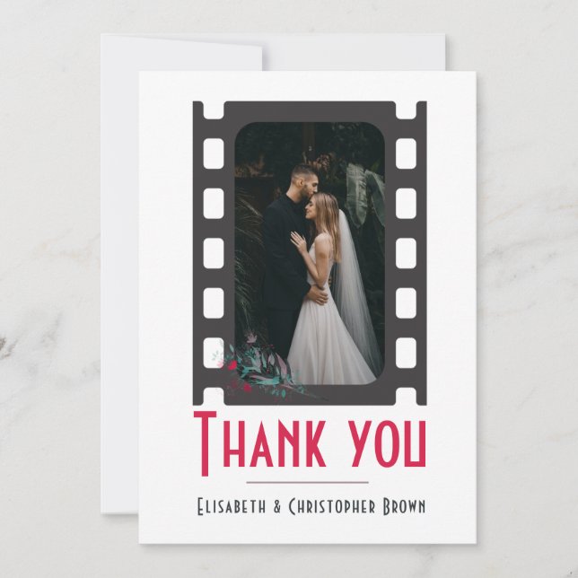 Tarjeta De Agradecimiento Boda floral de película rosa moderna de Rubor (Anverso)
