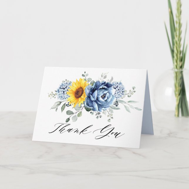 Tarjeta De Agradecimiento Boda floral de pijama azul turquesa de girasol (Anverso)