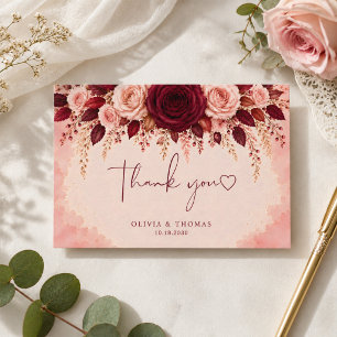 Tarjeta De Agradecimiento Boda floral de rosa elegancia borgoña acuarela