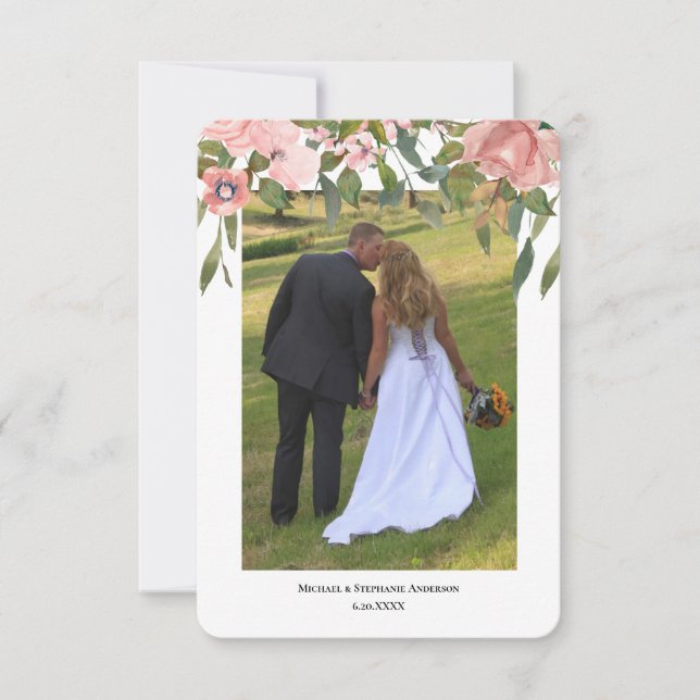 Tarjeta De Agradecimiento Boda floral de rosa sonrojada de dos fotos moderna (Anverso)