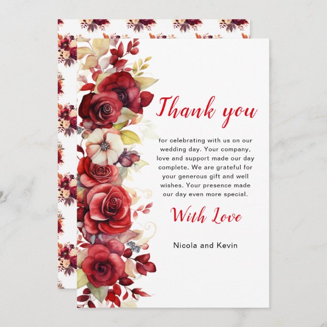 Tarjeta De Agradecimiento Boda floral de rosas rojas románticas (Anverso / Reverso)