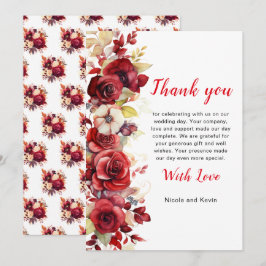 Tarjeta De Agradecimiento Boda floral de rosas rojas románticas