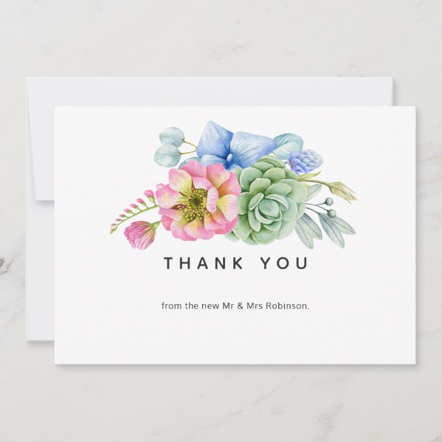 Tarjeta De Agradecimiento Boda floral de suculentas de moda (Anverso)