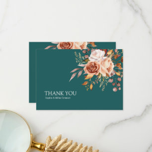 Tarjeta De Agradecimiento Boda floral de terracota acuarela azul verdoso oto