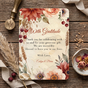 Tarjeta De Agradecimiento Boda Floral de Terracota Otoñal Burgundy Rústica