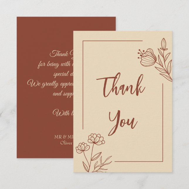 Tarjeta De Agradecimiento Boda floral de terracota simple (Anverso / Reverso)