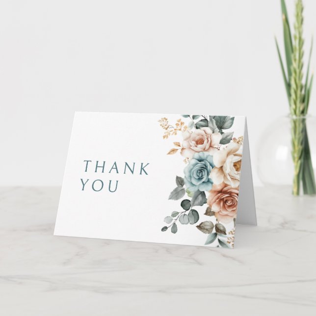 Tarjeta De Agradecimiento Boda floral de Terracota Verde azulada Neutral acu (Anverso)
