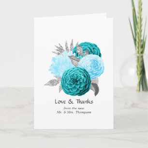 Tarjeta De Agradecimiento Boda floral de turquesa y plata - Verde azulado