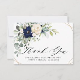 Tarjeta De Agradecimiento Boda floral de vegetación rosa azul marino geométr