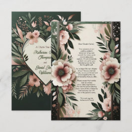 Tarjeta De Agradecimiento Boda floral de verde oscuro y rosa rubor