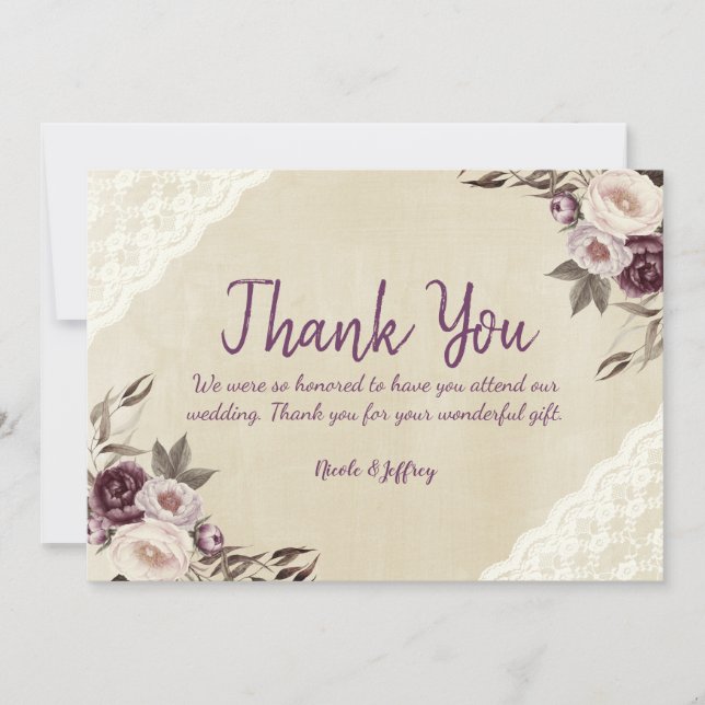 Tarjeta De Agradecimiento Boda Floral Deep Purple Peonies (Anverso)
