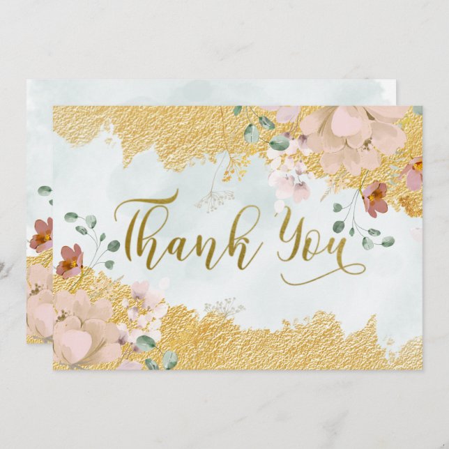 Tarjeta De Agradecimiento Boda floral dorado (Anverso / Reverso)