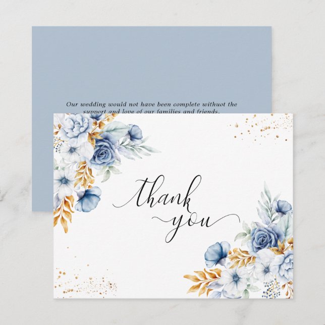 Tarjeta De Agradecimiento Boda Floral Dusty Blue White Gold (Anverso / Reverso)