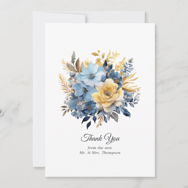 Tarjeta De Agradecimiento Boda Floral Dusty Blue y Gold (Anverso)