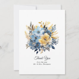 Tarjeta De Agradecimiento Boda Floral Dusty Blue y Gold