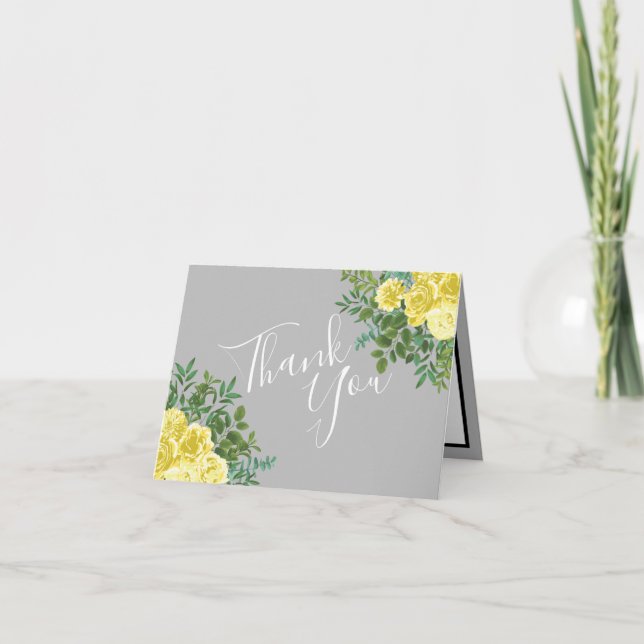 Tarjeta De Agradecimiento Boda floral elegante amarillo y gris (Anverso)